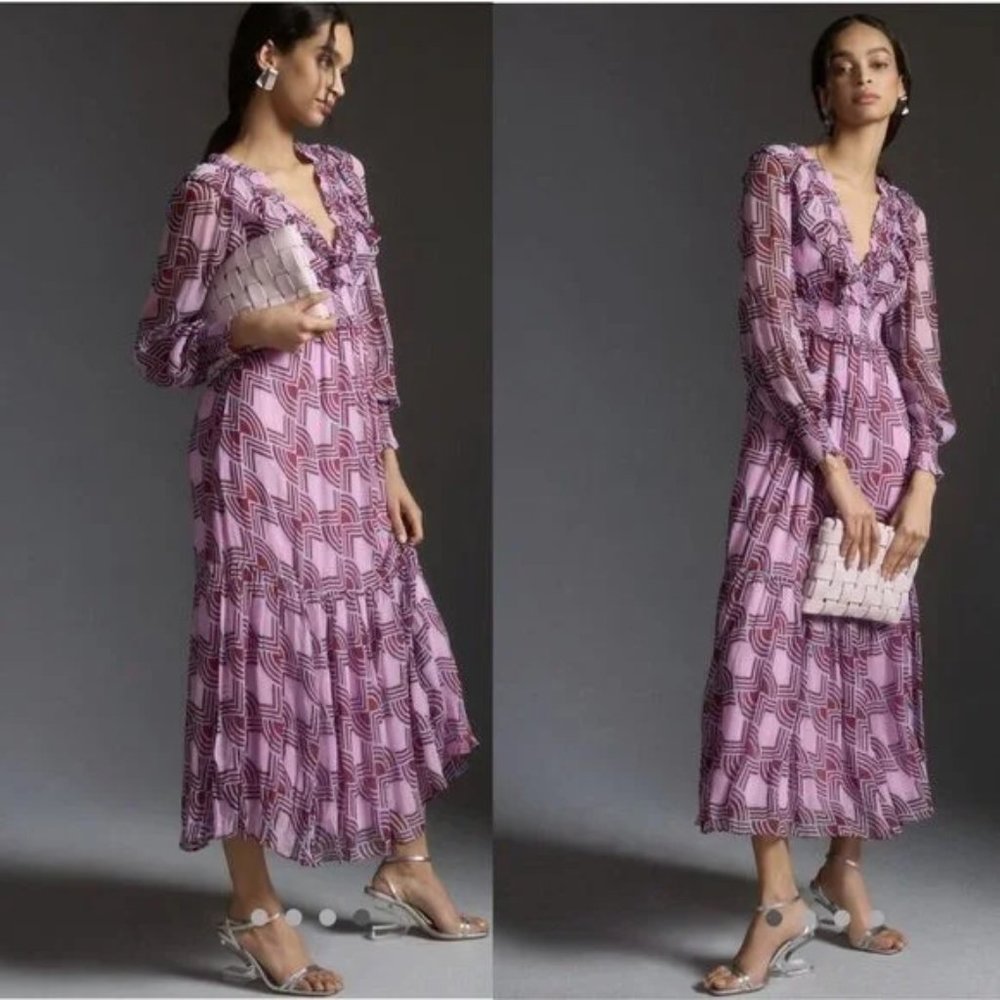 Anthropologie Pink & Purple Geometric Ruffle Maxi Dress